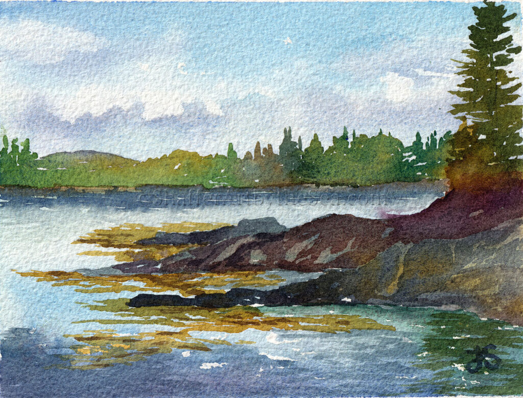 Plein air watercolor painting of Isleboro Town Beach, Maine