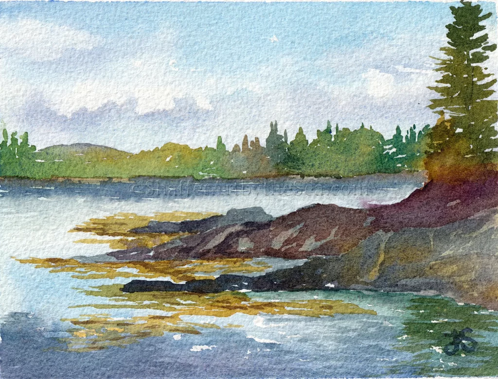 Plein air watercolor painting of Isleboro Town Beach, Maine