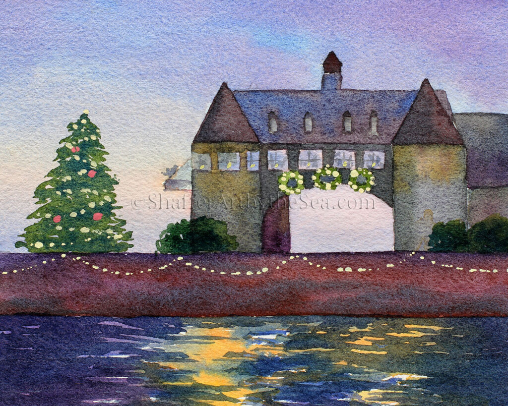 'Christmas at the Towers' watercolor painting on Arches paper