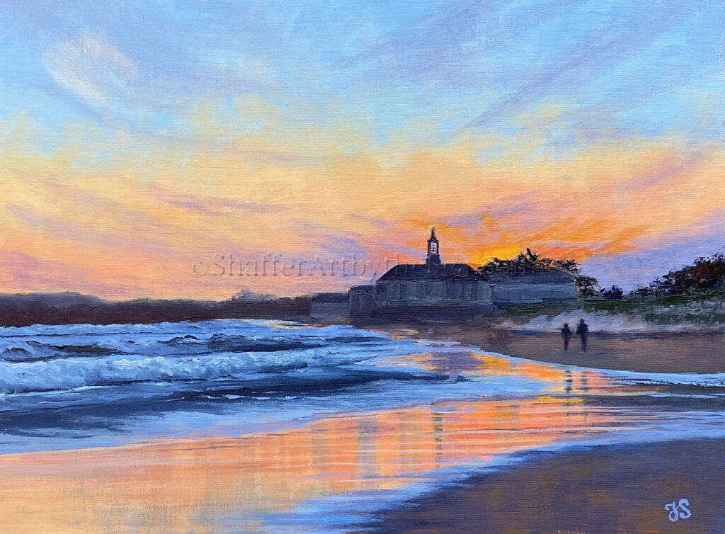 oil painting of a couple walking on the beach at sunset in Narragansett beach, Rhode Island art for sale