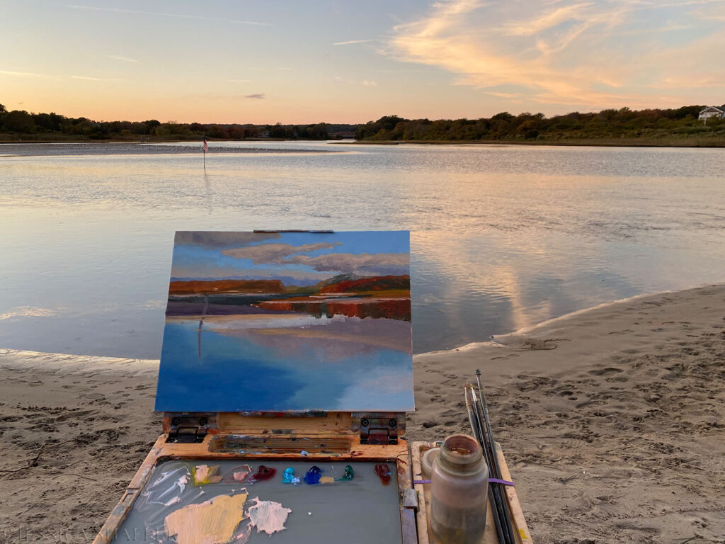 Plein air painting during sunset at Narrow River Inlet, Narragansett, Rhode Island
