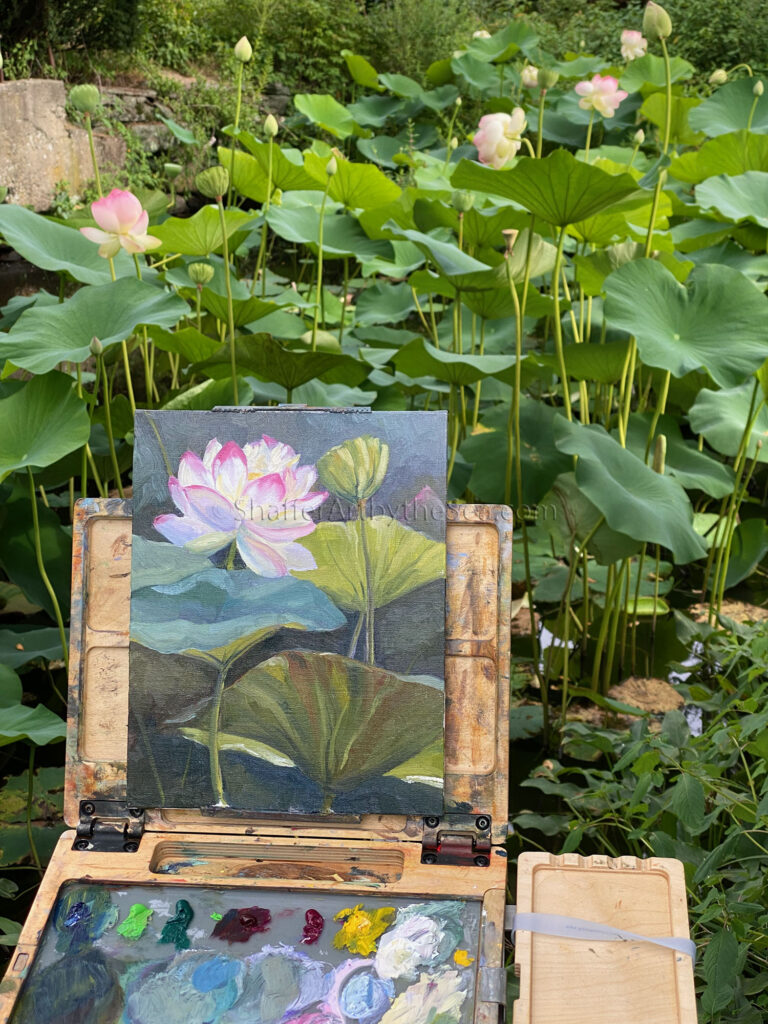 Lotus Pond Plein Air Oil Painting