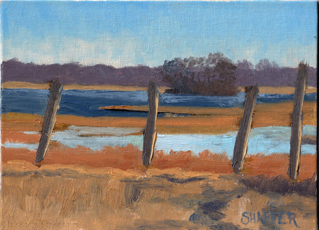 Plein air landscape oil painting of the Garrison House Acres marsh on the Narrow River. Narragansett, Rhode Island art for sale
