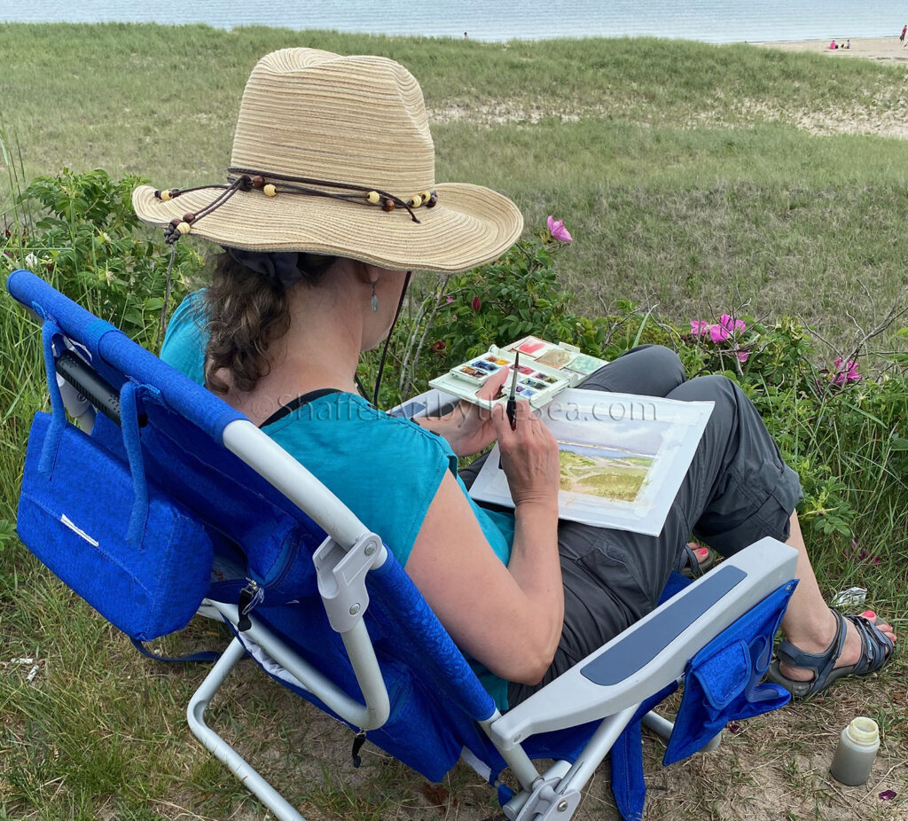 Rhode Island artist Jessica Shaffer painting watercolor en plein air on the Cape Cod National Seashore.
