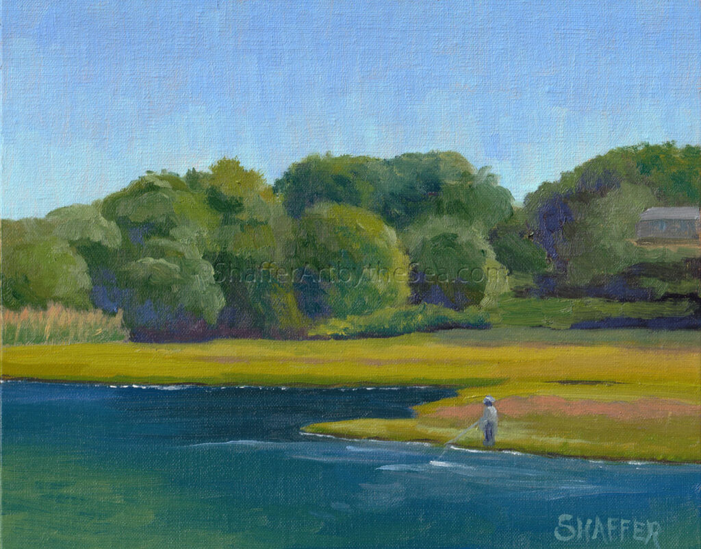 'Gone Fishing', 8 x 10 inches, original plein air painting of a man fishing along the marsh in Narrow River, Narragansett, R.I. (SOLD)