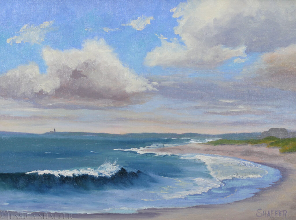 'Summer Sunshine' 12 x 16 inch oil on stretched linen plein air seascape painting of Scarborough Beach, RI with Point Judith Lighthouse in the background. Rhode Island lighthouse art for sale