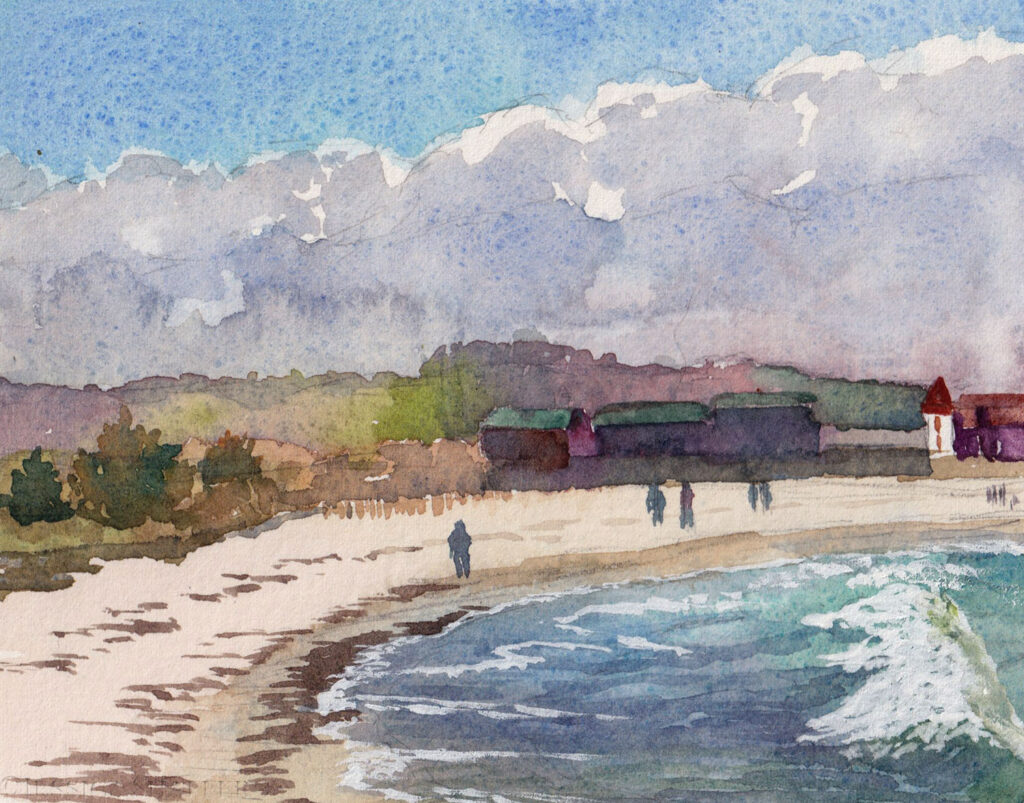 'Gansett Beach Walk', plein air watercolor painting on Arches paper of winter beach walkers on Narragansett Beach