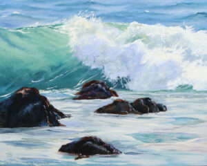 'Ocean Wave' seascape oil painting for sale of a wave crashing on the rocky shore, 16 x 20 inches