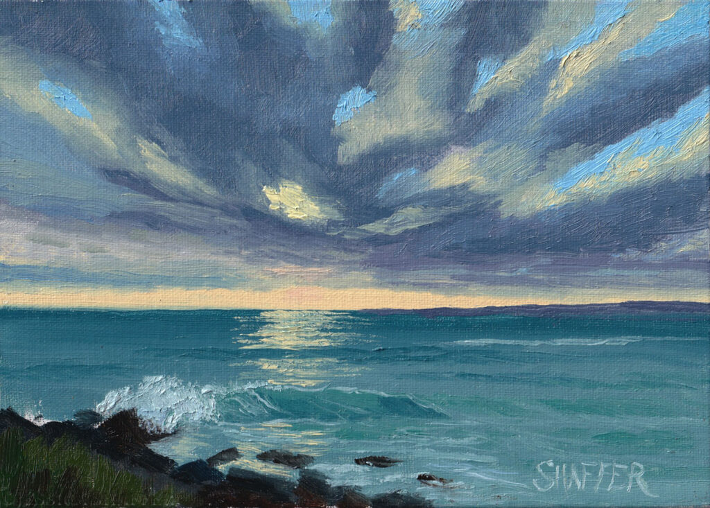 Small plein air landscape oil painting of sunset at Sachuest Point Wildlife Refuge, Middletown, Rhode Island. Seascape painting for sale.