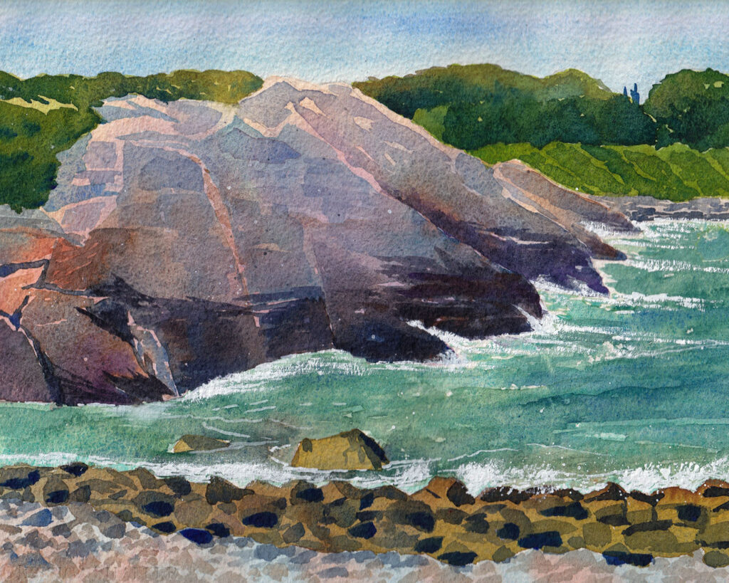 Landscape watercolor painting on paper of the sunlit rock cliffs at Black Point, Narragansett, Rhode Island