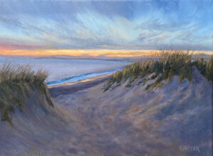 Seascape oil painting of sunset on the beach dunes at Napatree Point, Watch Hill, Rhode Island. Painted by local artist Jessica Shaffer.