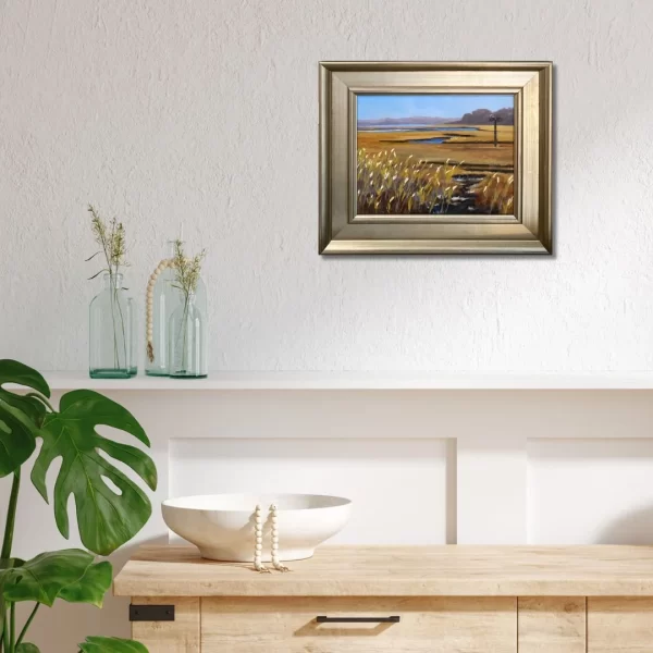 Wall mockup of coastal oil painting.